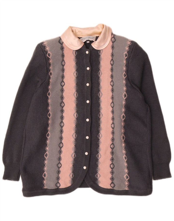 Suéter cardigã feminino vintage Reino Unido 12 lã geométrica cinza médio