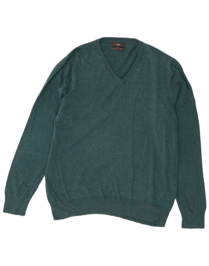 Suéter masculino Marks & Spencer com decote em V grande algodão azul