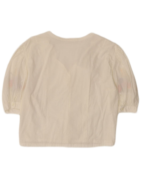 Blusa feminina vintage de manga curta UK 14 grande floral branco