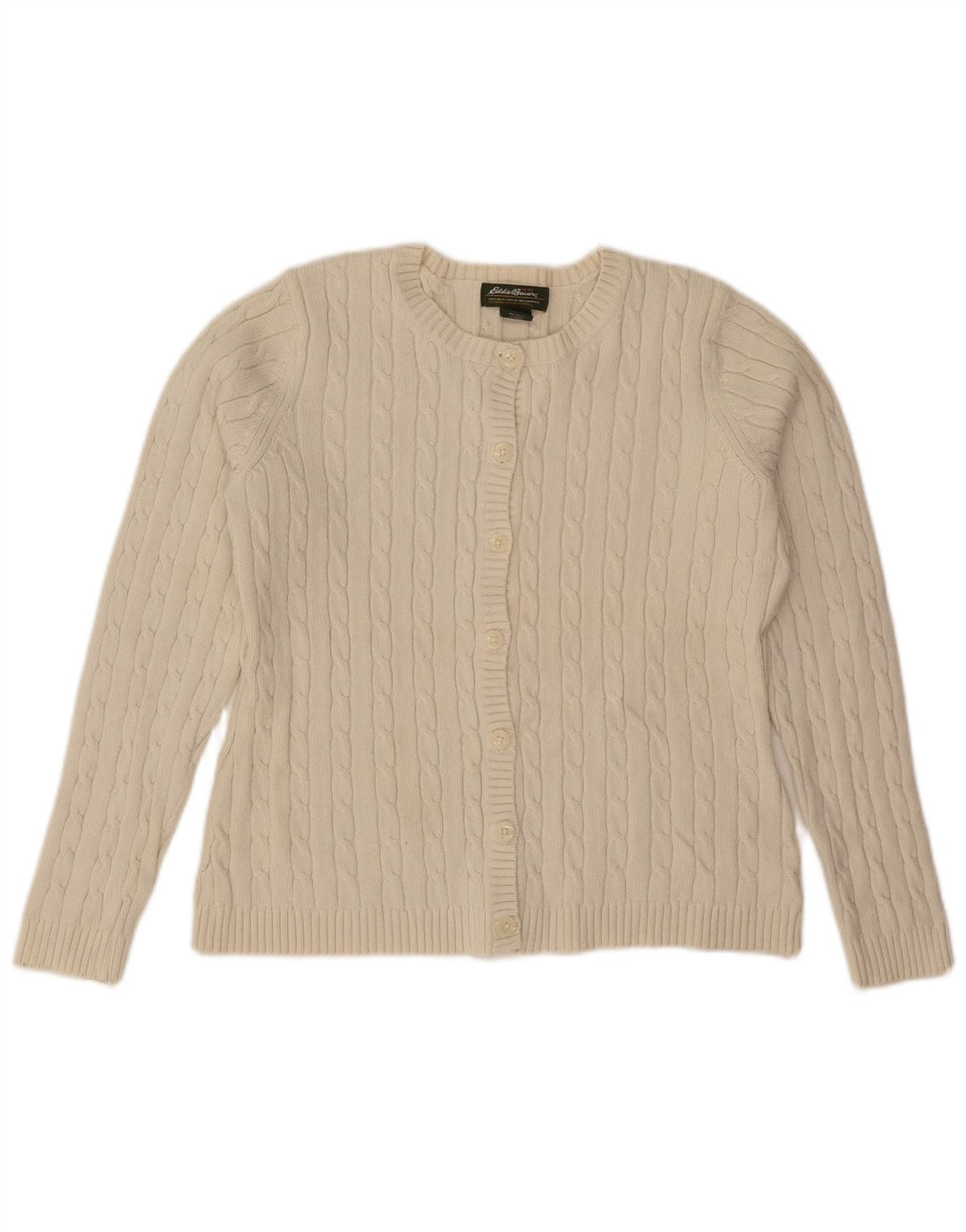 Suéter cardigã feminino EDDIE BAUER UK 14 médio off white algodão