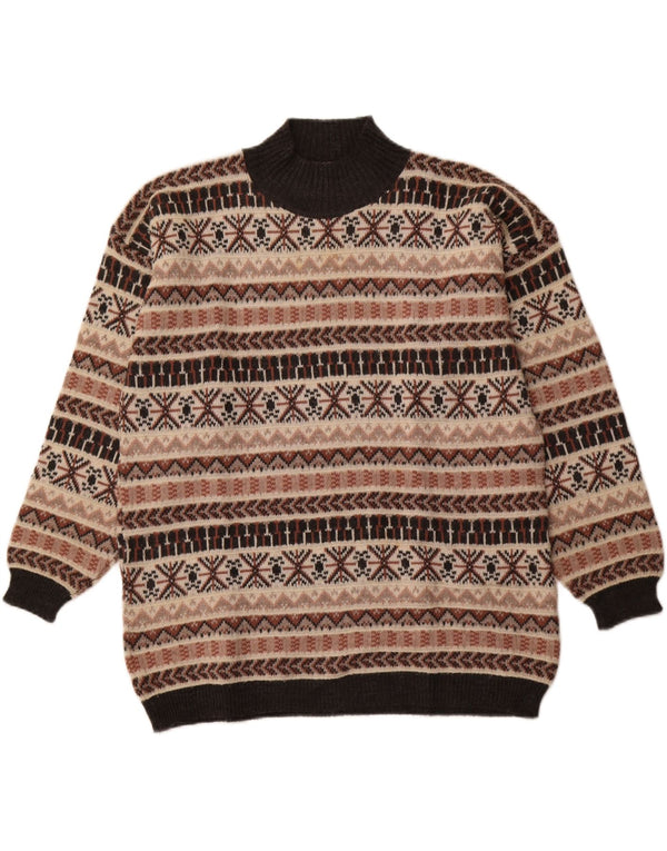 Suéter vintage masculino com gola tartaruga, médio bege, lã Fair Isle