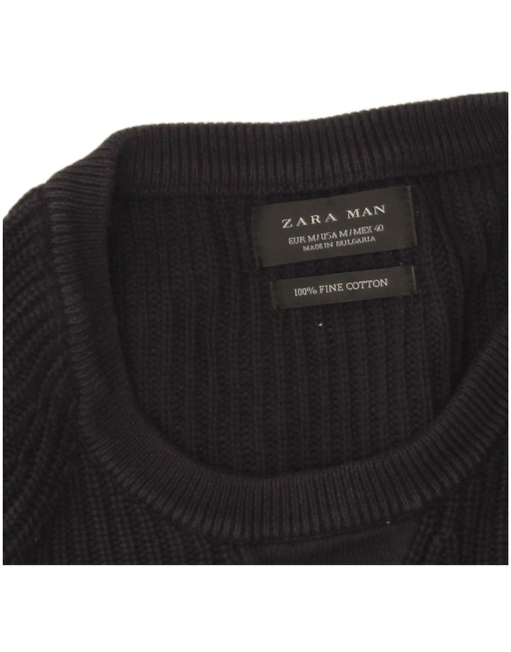 Zara Suéter masculino com gola redonda e algodão azul marinho médio