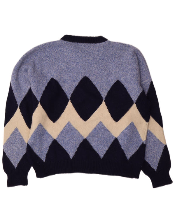 Vintage Mens Crew Neck Jumper Sweater Small Blue Argyle/Diamond