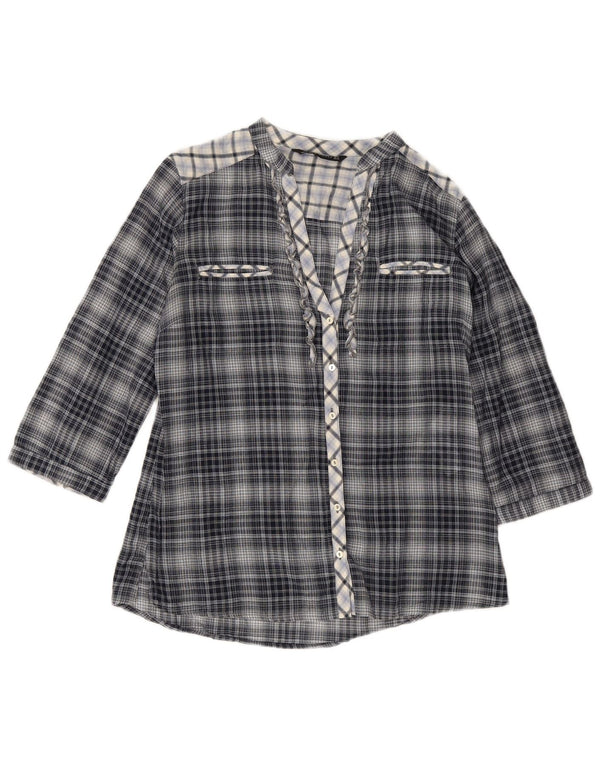 Blusa feminina Zara manga 3/4 Reino Unido 10 pequeno algodão xadrez azul marinho