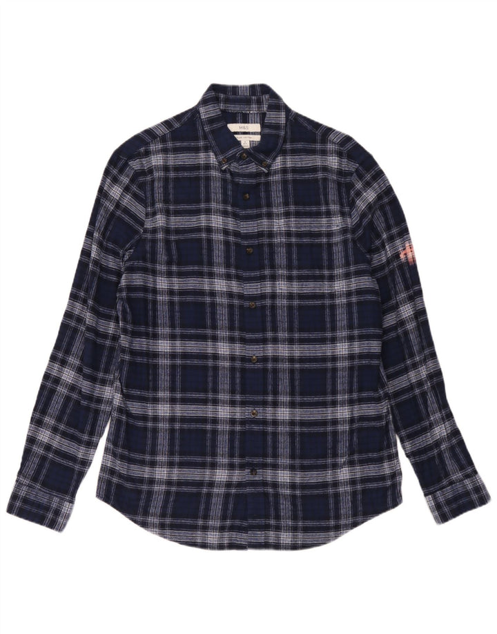 Camisa masculina de flanela Marks & Spencer Regular Fit média xadrez azul marinho