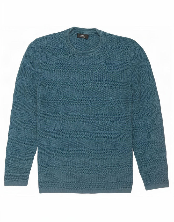 Zara Suéter masculino com gola redonda e algodão listrado azul médio