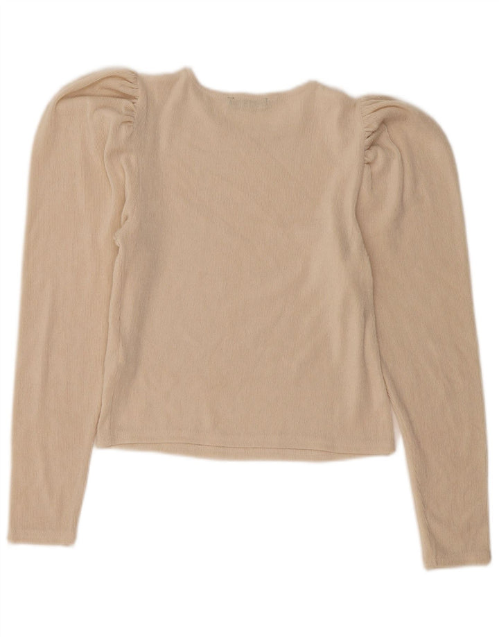 Zara Blusa Feminina Crop Manga Longa Top Reino Unido 10 Pequeno Poliéster Bege