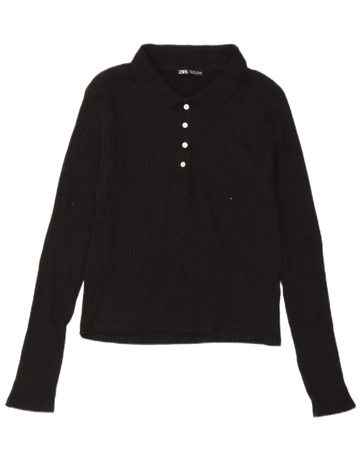 Camisa polo feminina ZARA de manga comprida UK 14 grande algodão preto