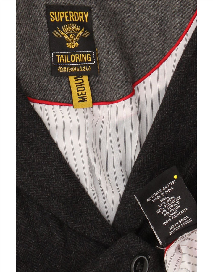 Jaqueta blazer feminina SUPERDRY com 2 botões Reino Unido 12 lã espinha de peixe cinza médio