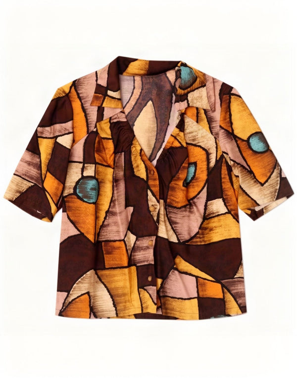 Blusa feminina vintage UK 14 média multicolorida geométrica