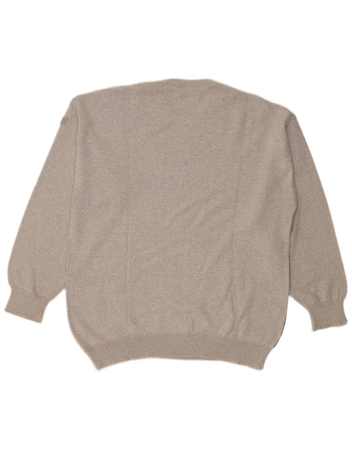 Suéter vintage masculino com gola redonda grande bloco colorido cinza