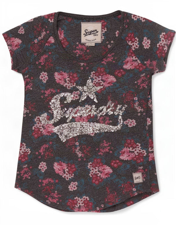 Camiseta feminina Superdry com estampa gráfica UK 6 XS cinza floral algodão