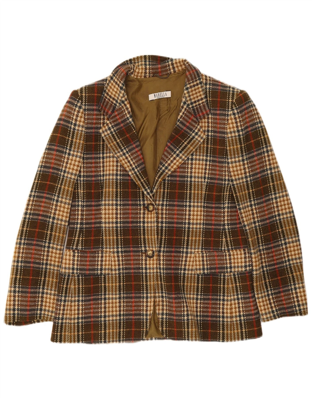 Jaqueta blazer feminina Marella com 2 botões Reino Unido 18 XL marrom xadrez lã