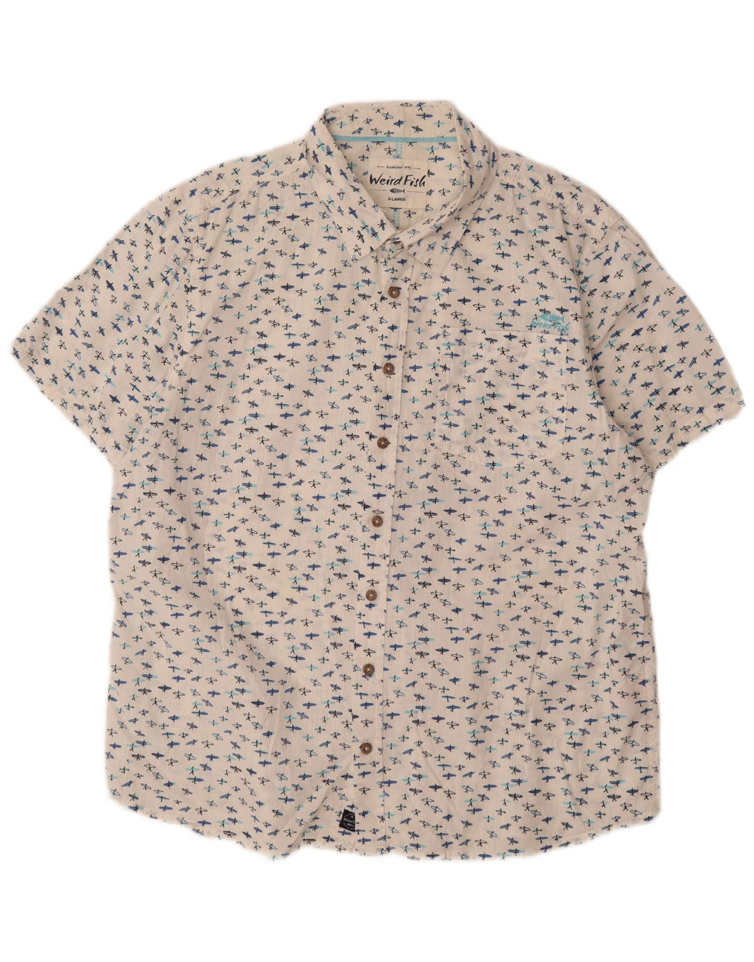 Weird Fish Mens Abstract Padrão Camisa de manga curta XL algodão branco