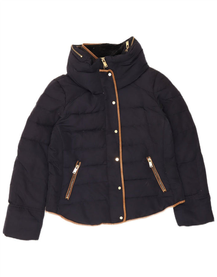 Jaqueta acolchoada com capuz feminino Zara UK 18 XL azul marinho poliéster