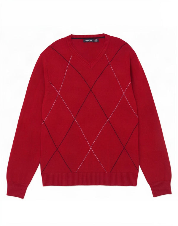 Suéter masculino Nautica com decote em V grande vermelho Argyle/algodão diamante