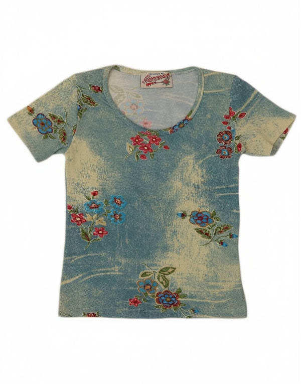 Camiseta vintage feminina 9-10 anos algodão floral azul médio