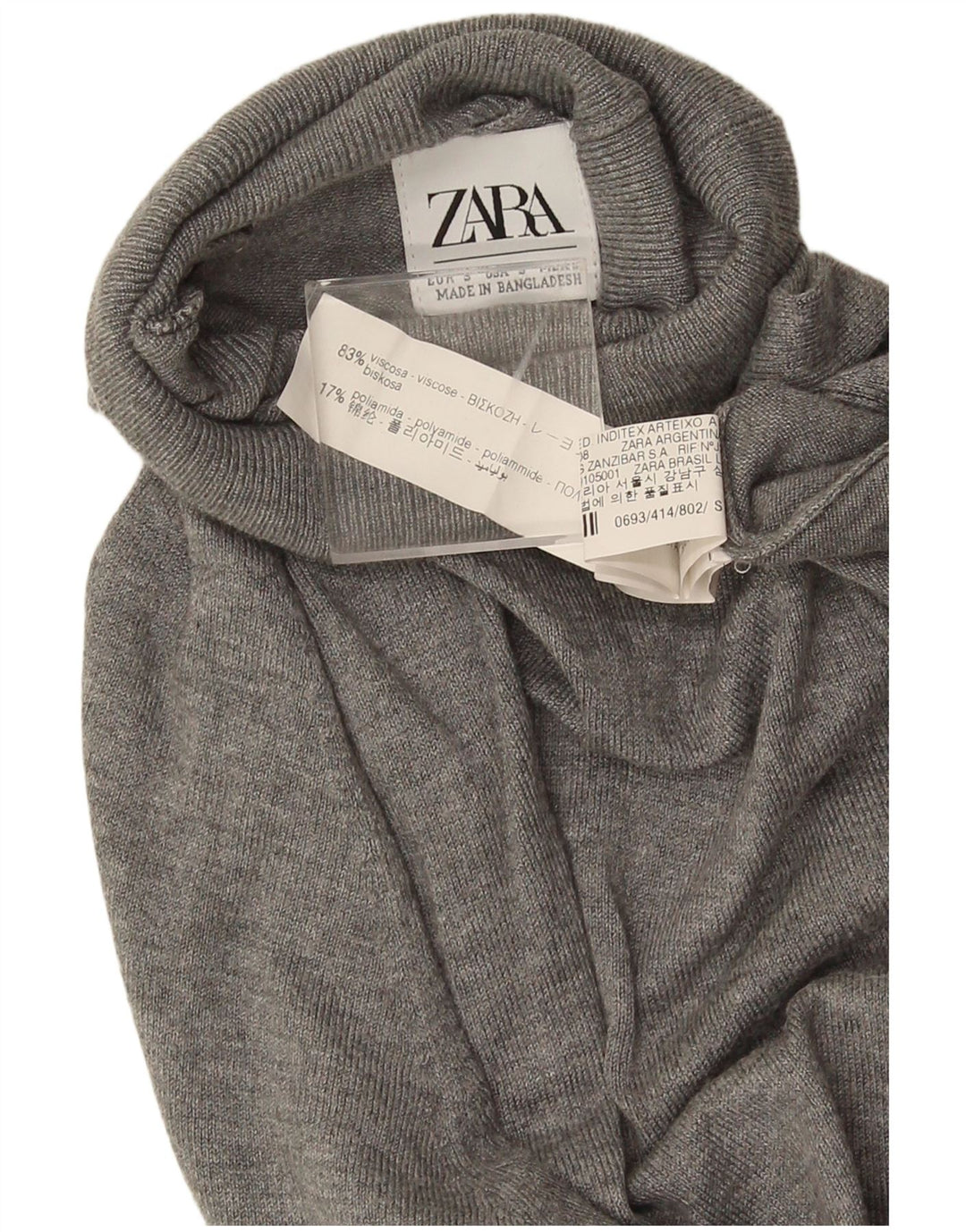Suéter feminino Zara com gola redonda e viscose cinza pequena Reino Unido 10