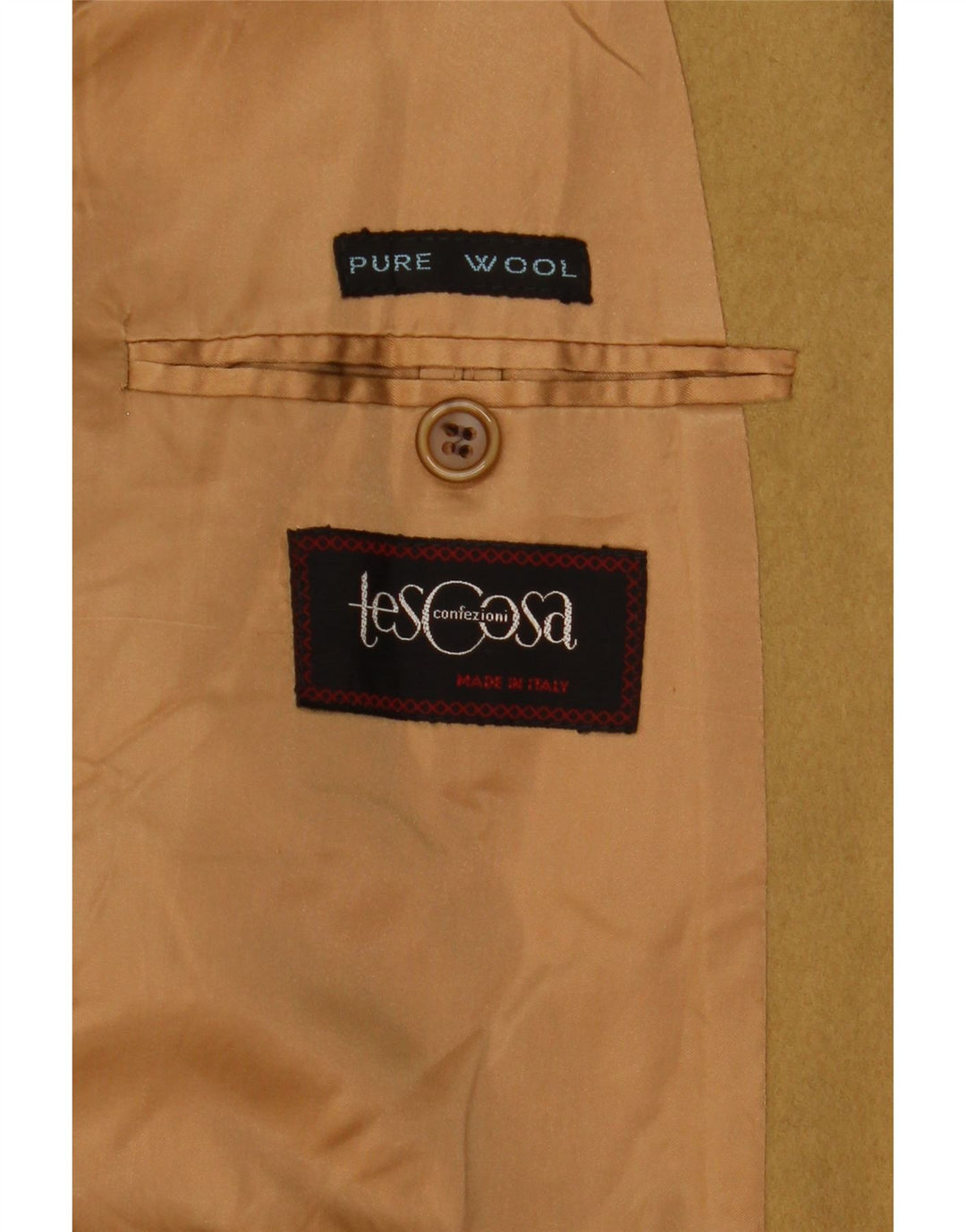 Casaco feminino vintage com peito duplo Reino Unido 14 lã cáqui média