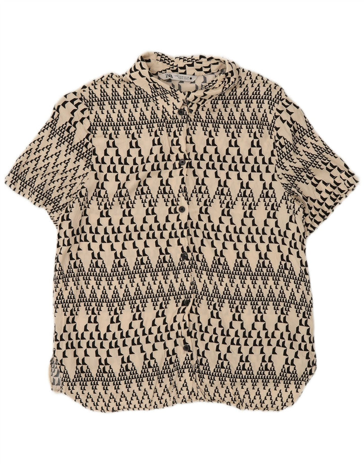 Camisa feminina de manga curta Zara UK 14 Médio Off White Geométrico