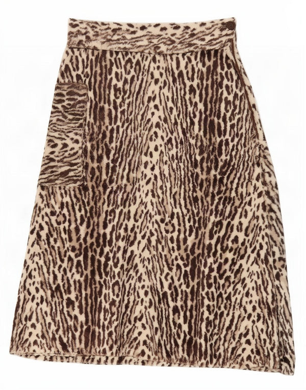 Saia feminina vintage de pele sintética W26 pequena estampa animal marrom