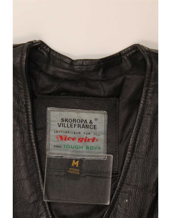 Colete de couro feminino vintage UK 12 couro preto médio