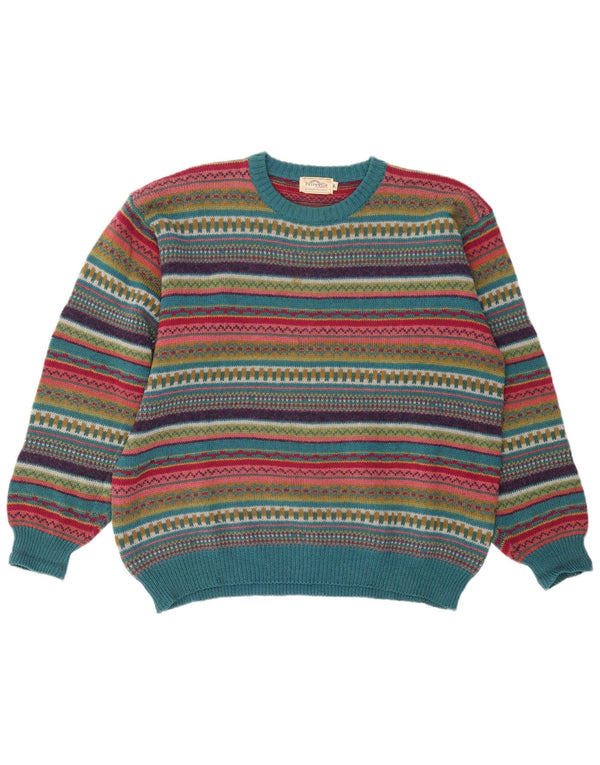 Suéter vintage masculino com gola canoa, grande lã listrada multicolorida