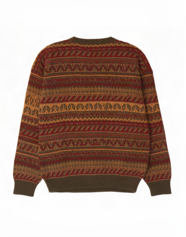 Suéter vintage masculino com gola redonda, grande lã verde Fair Isle