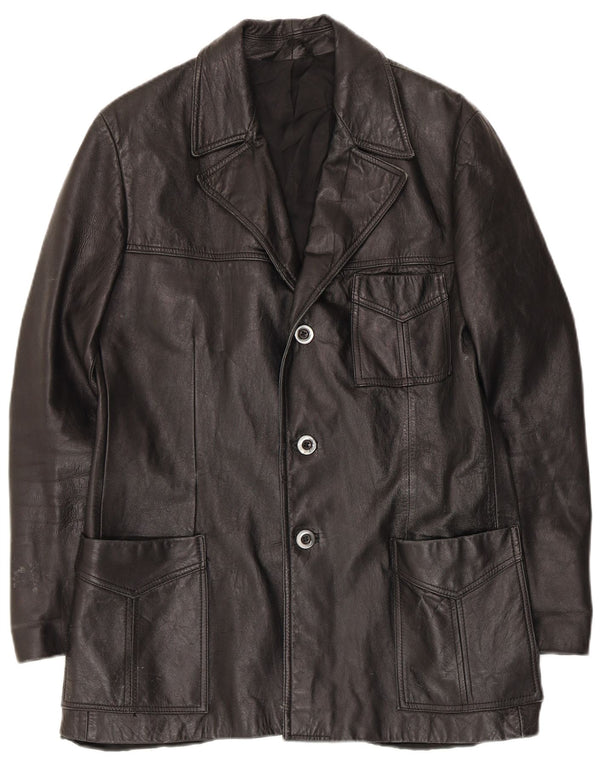 Jaqueta blazer masculina vintage de couro com 3 botões Reino Unido 36 pequena preta