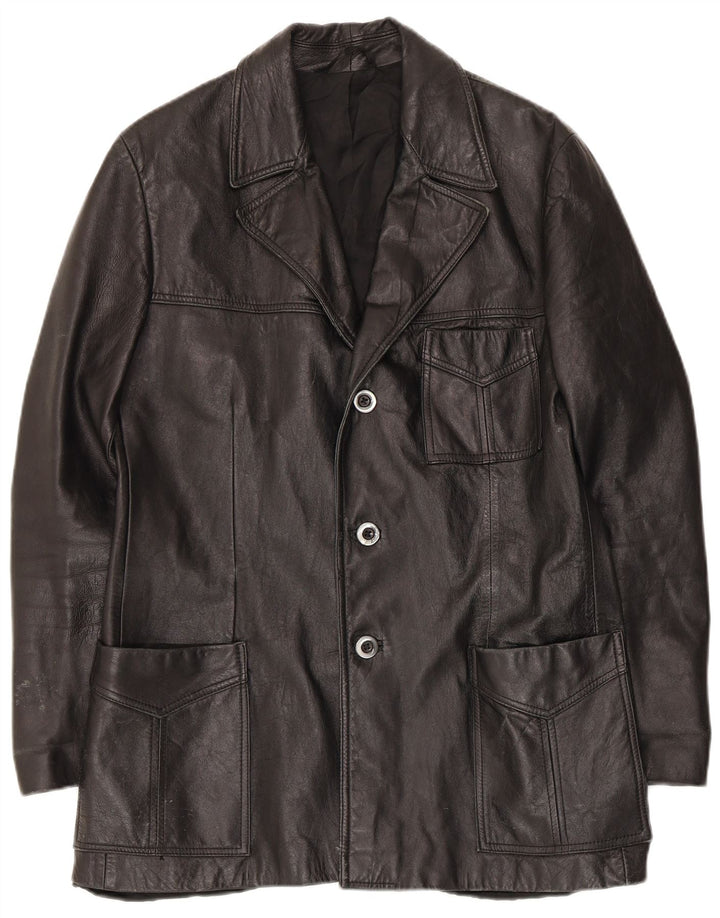 Jaqueta blazer masculina vintage de couro com 3 botões Reino Unido 36 pequena preta
