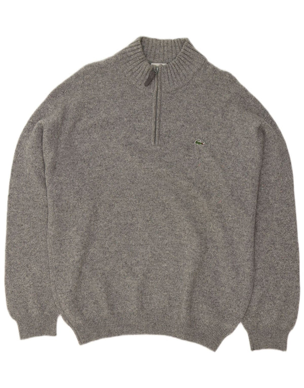 Suéter masculino Lacoste com zíper e gola tamanho 6 XL lã virgem manchada cinza