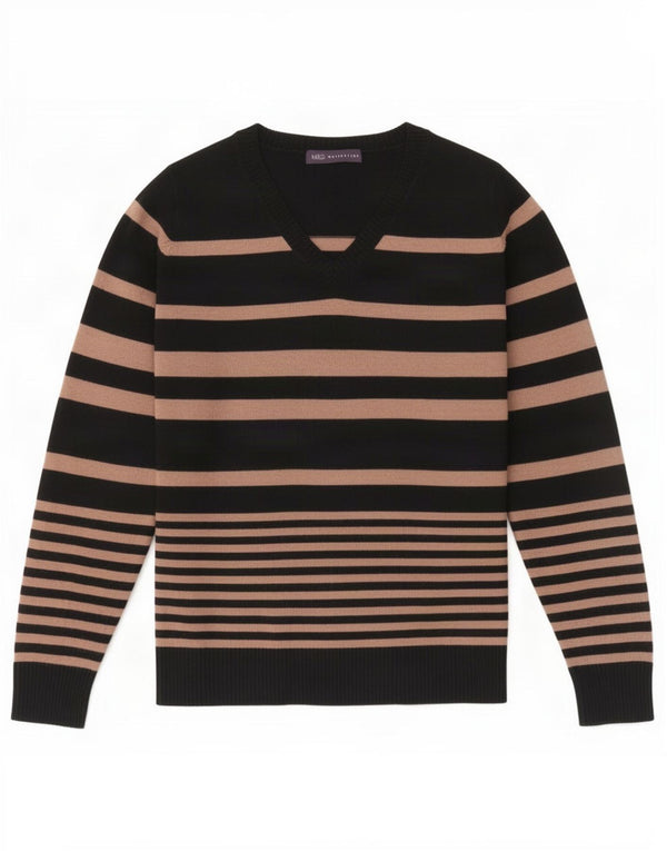 Suéter feminino Marks & Spencer com decote em V UK 14 listrado preto médio