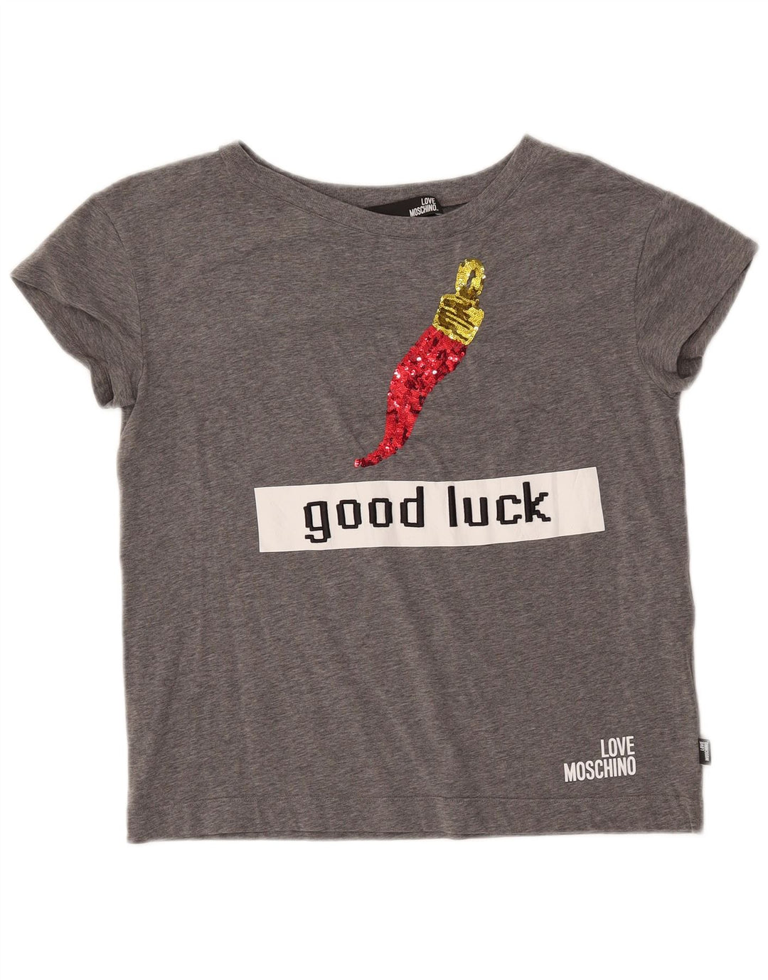 Camiseta gráfica feminina MOSCHINO Top IT 42 algodão manchado cinza médio