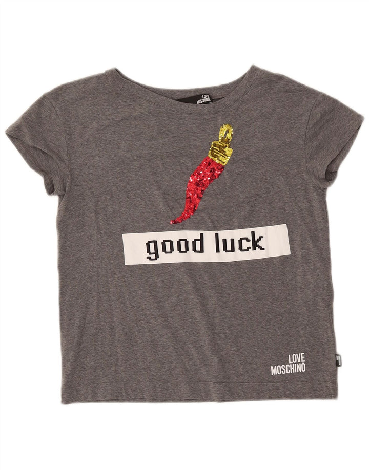 Camiseta gráfica feminina MOSCHINO Top IT 42 algodão manchado cinza médio