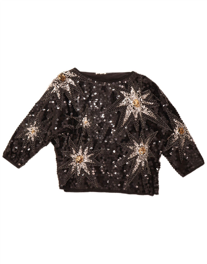 Blusa feminina VINTAGE com padrão abstrato manga 3/4 EU 42 grande preta