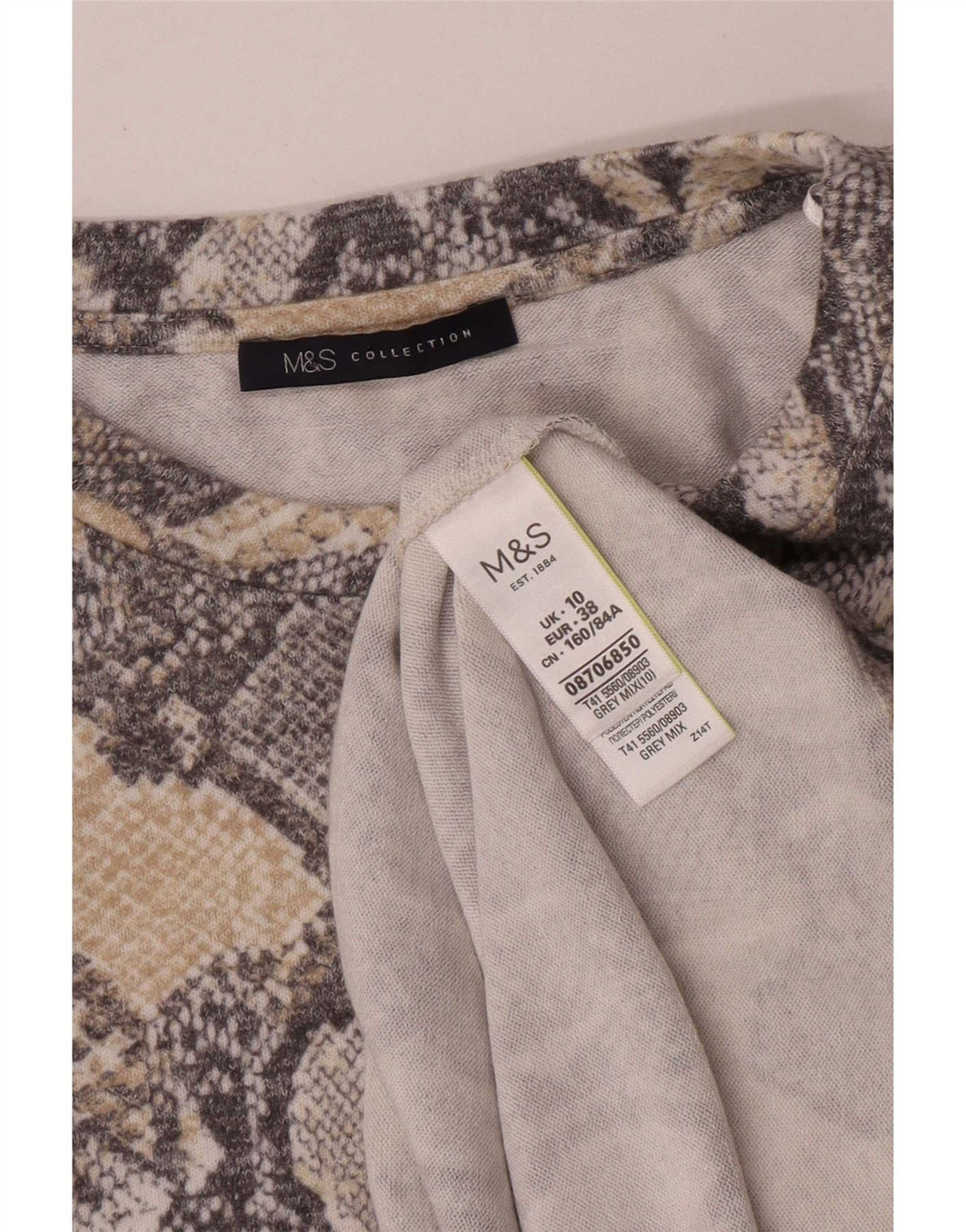 Top feminino Marks & Spencer de manga comprida UK 10 pequeno cinza com estampa animal