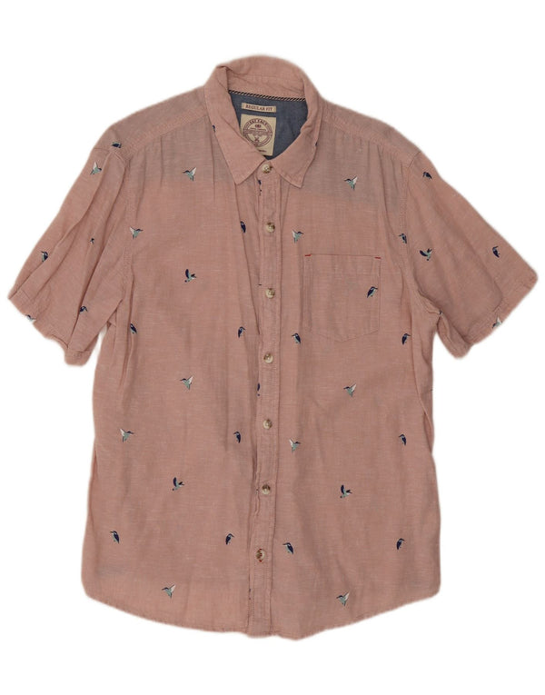 Fat Face Mens Manga Curta Regular Fit Camisa Grande Rosa Animal Print Linho