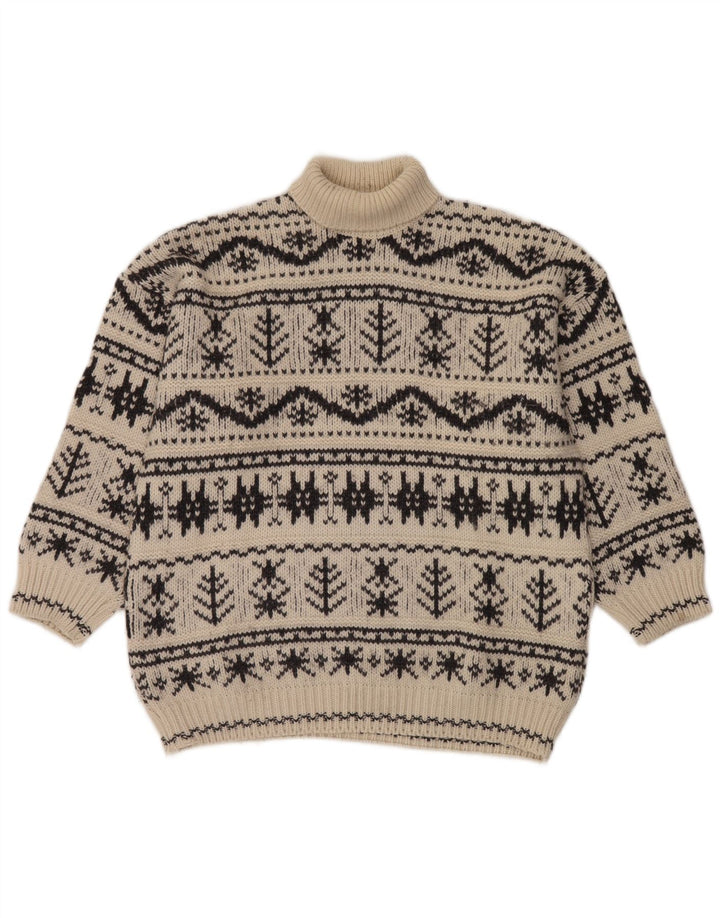 Suéter masculino vintage com gola redonda, médio off white Fair Isle acrílico