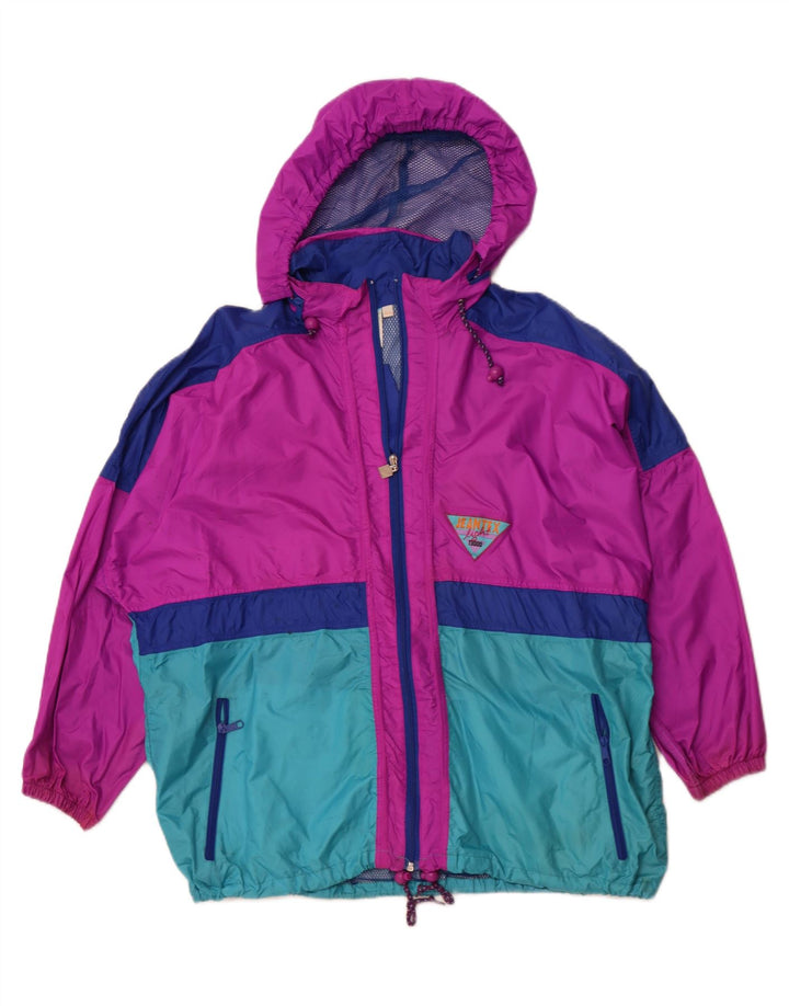 Jaqueta de chuva feminina com capuz J JEANTEX UK 44/46 2XL roxo colorblock