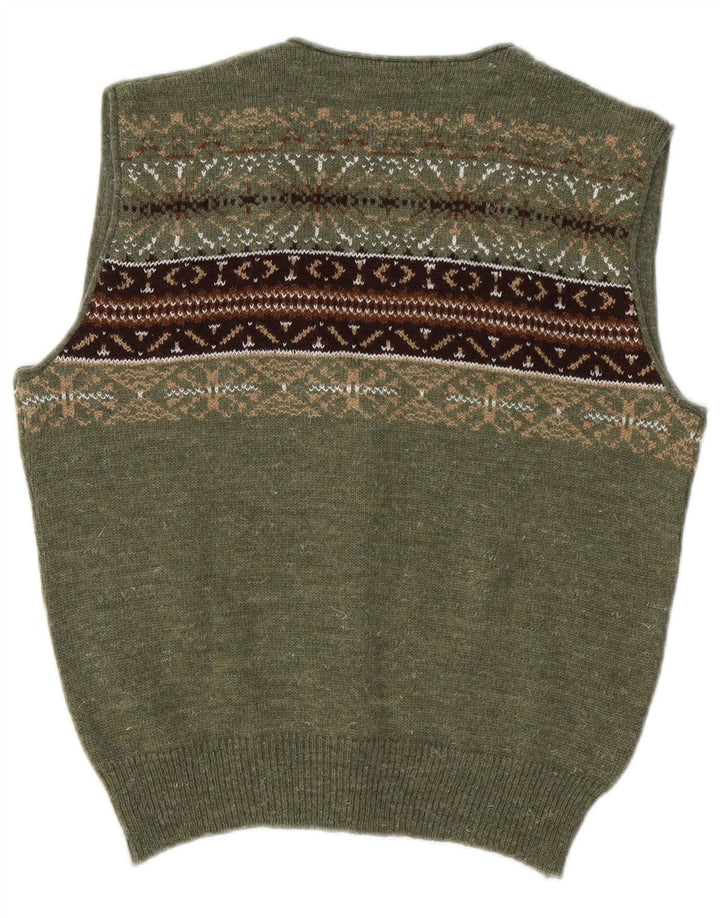 Suéter cardigã feminino sem mangas VINTAGE Reino Unido 14 médio verde Fair Isle