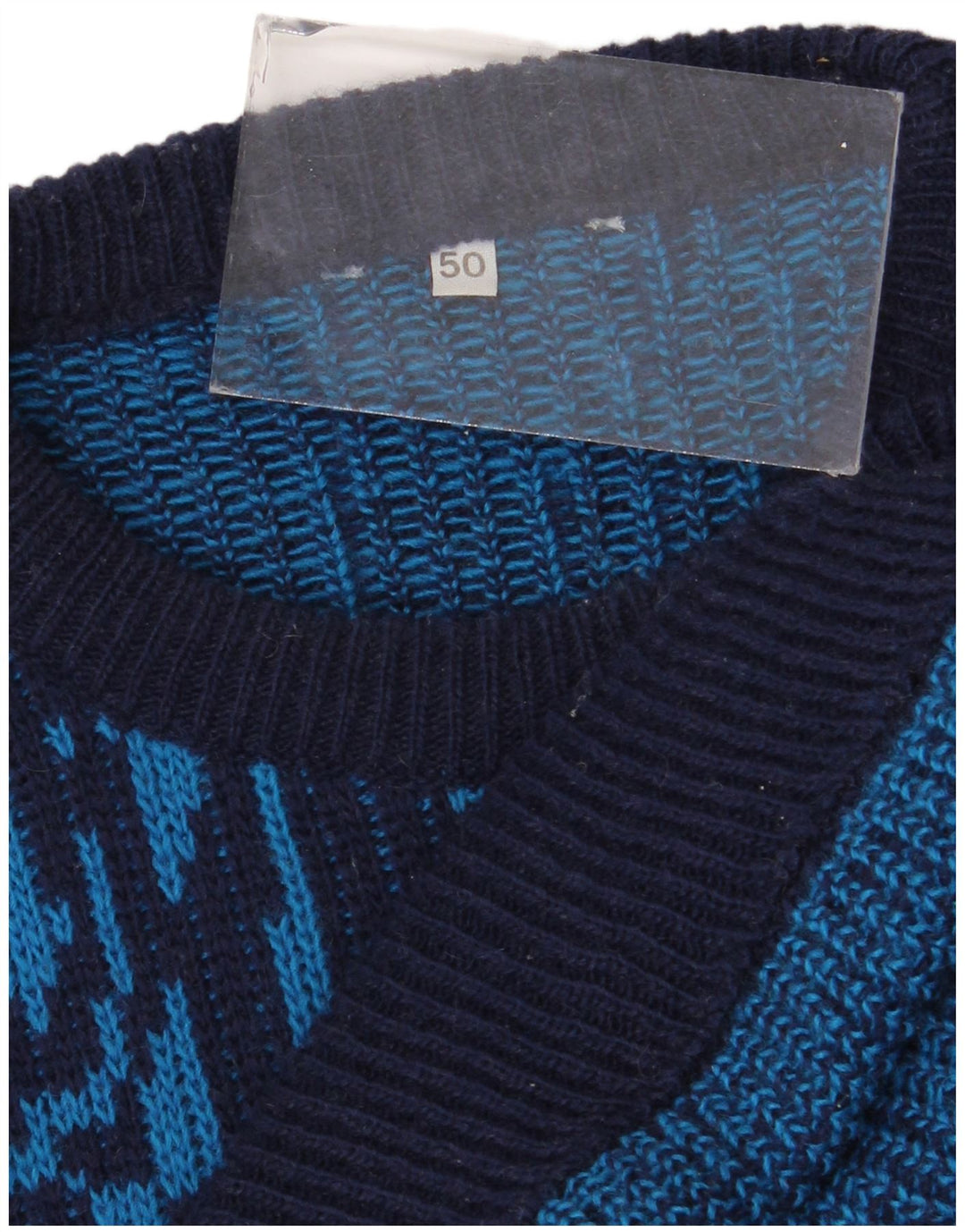 Suéter vintage masculino com gola redonda IT 50 lã geométrica azul médio