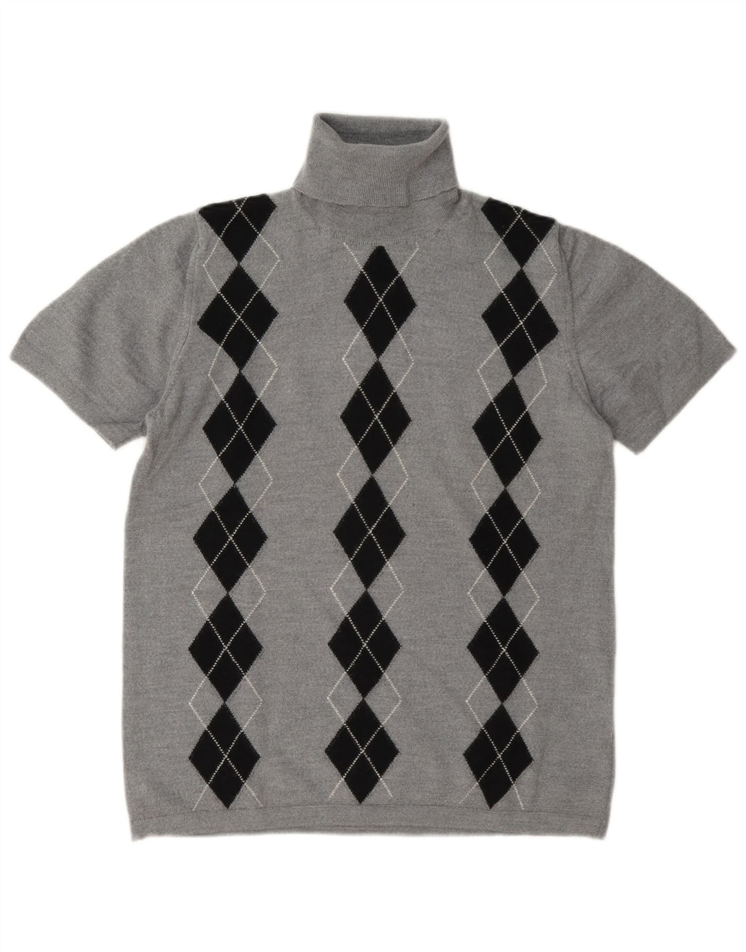Suéter feminino vintage com gola redonda UK 14 cinza médio Argyle/Diamante
