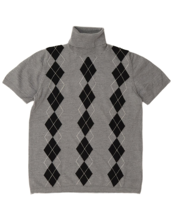 Suéter feminino vintage com gola redonda UK 14 cinza médio Argyle/Diamante
