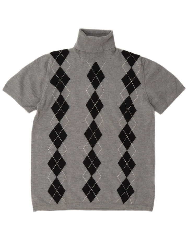 Suéter feminino vintage com gola redonda UK 14 cinza médio Argyle/Diamante