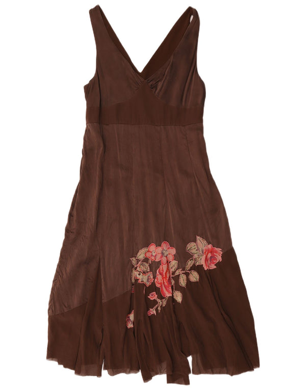 Vestido feminino assimétrico sem mangas da Coast Reino Unido 14 seda floral marrom médio