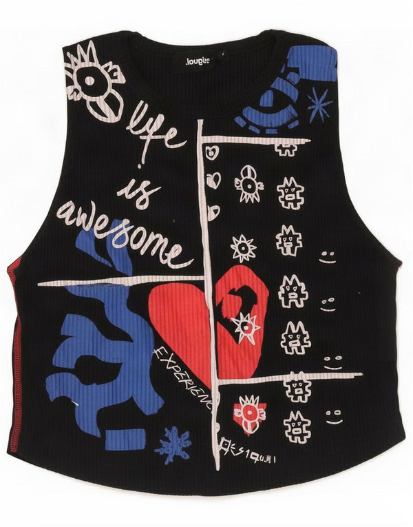 Desigual Womens Crop Abstract Pattern Graphic Vest Top UK 14 Large Black