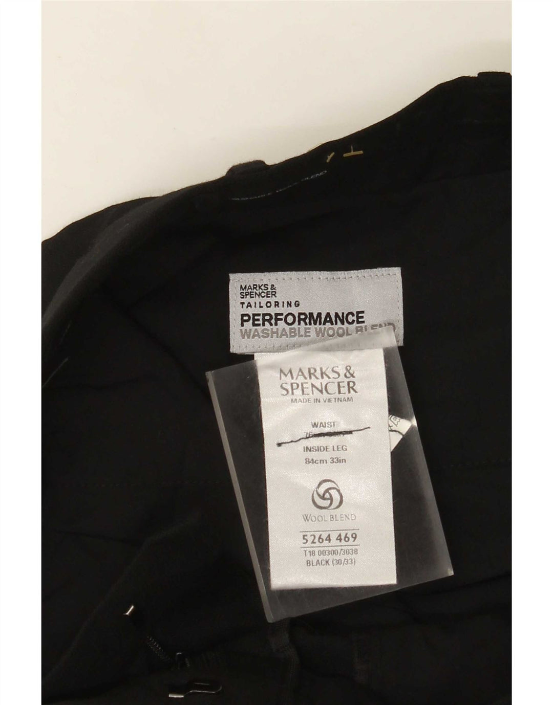 Calça masculina de terno reto Marks & Spencer W30 L33 poliéster preto