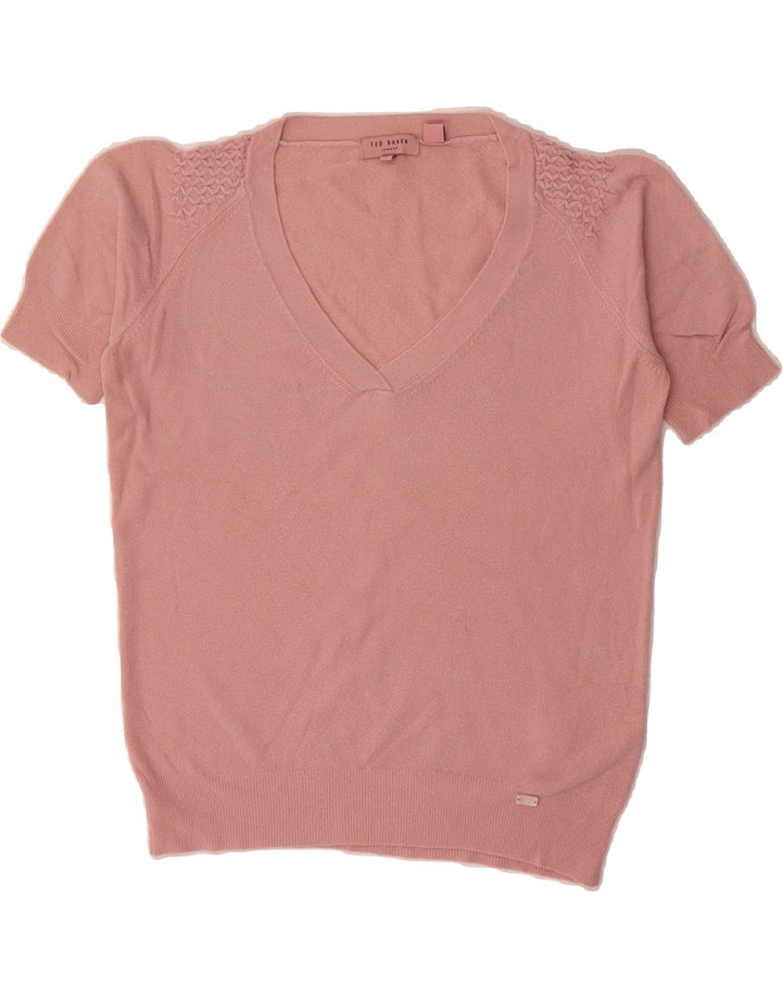 TED BAKER Womens Short Sleeve V-Neck Jumper Sweater Size 3 Medium Pink Vintage Ted Baker and Second-Hand Ted Baker from Messina Hembry 
