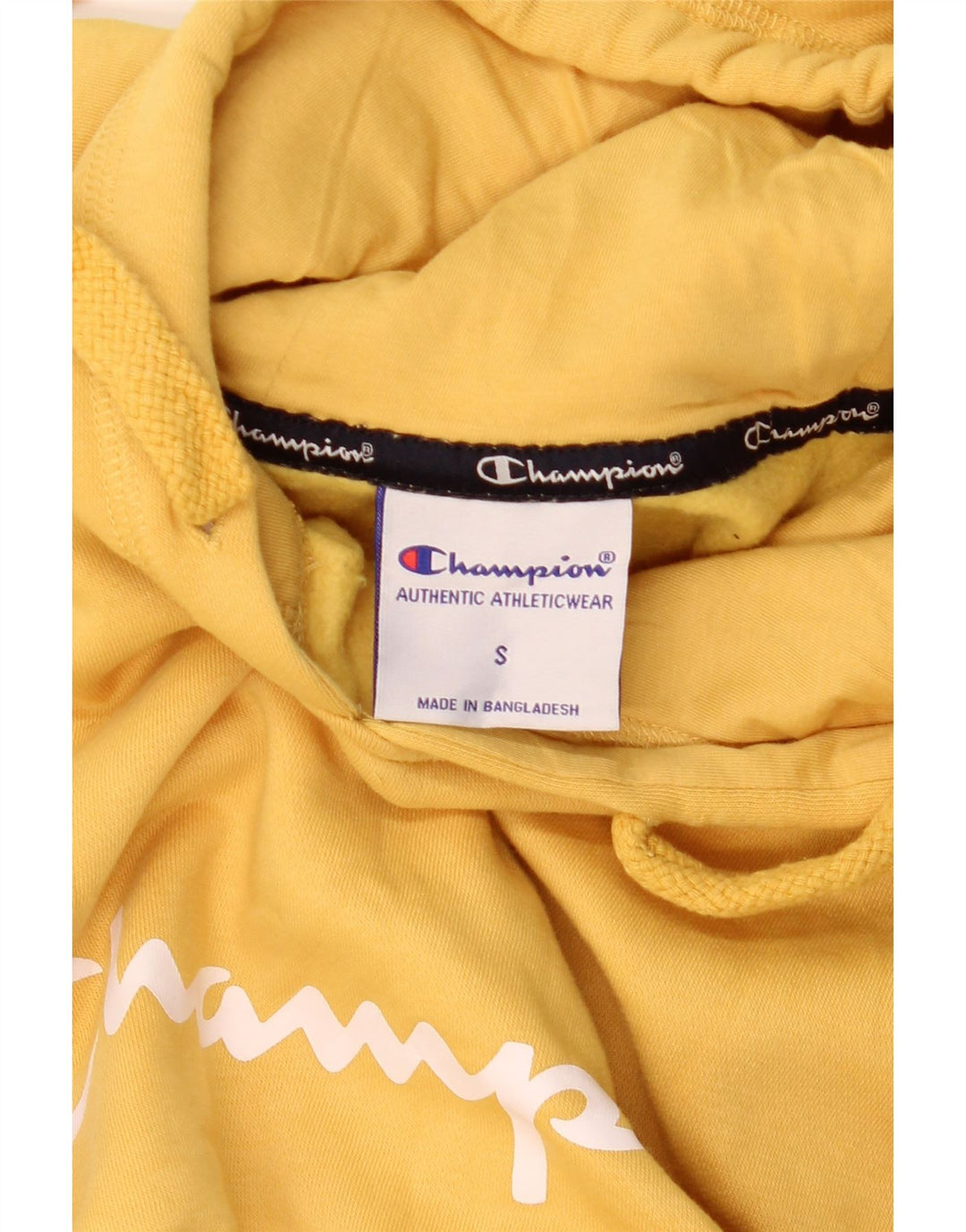 CHAMPION Suéter com capuz gráfico masculino pequeno amarelo