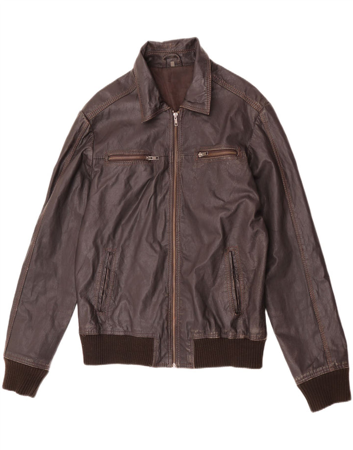 Jaqueta de couro masculina Project UK 40 grande marrom